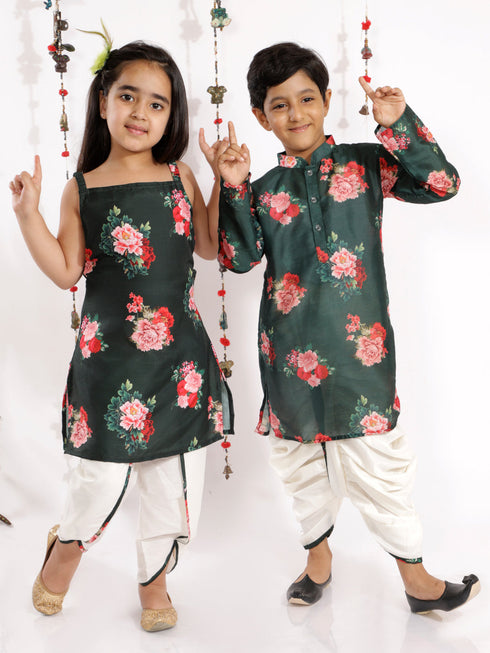 Vastramay Green Floral Printed Cotton Silk Siblings Set